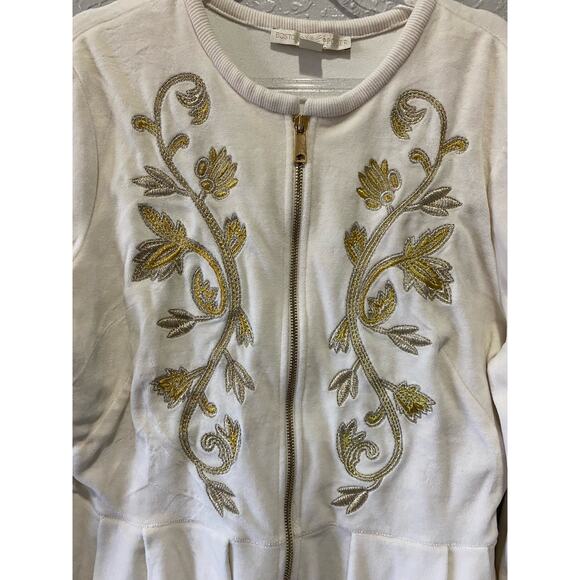 Boston Proper Cream Zip up Embroidery Velour Sweater Size M - Picture 2 of 7